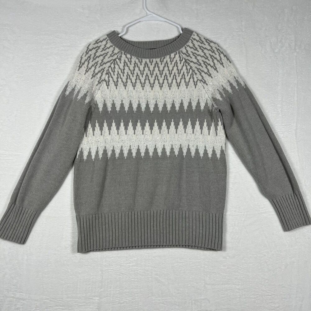 Ann Taylor Factory Womens Gray Fair Isle Nordic Sweater L Metallic Crew Pullover - Picture 2 of 8
